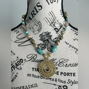 Lia Sophia Gold Turquoise Statement Necklace Boho Medallion Pendant